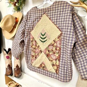 Upcycled Quilted farmhouse boho plaid spring jacket w floral patchwork detailing